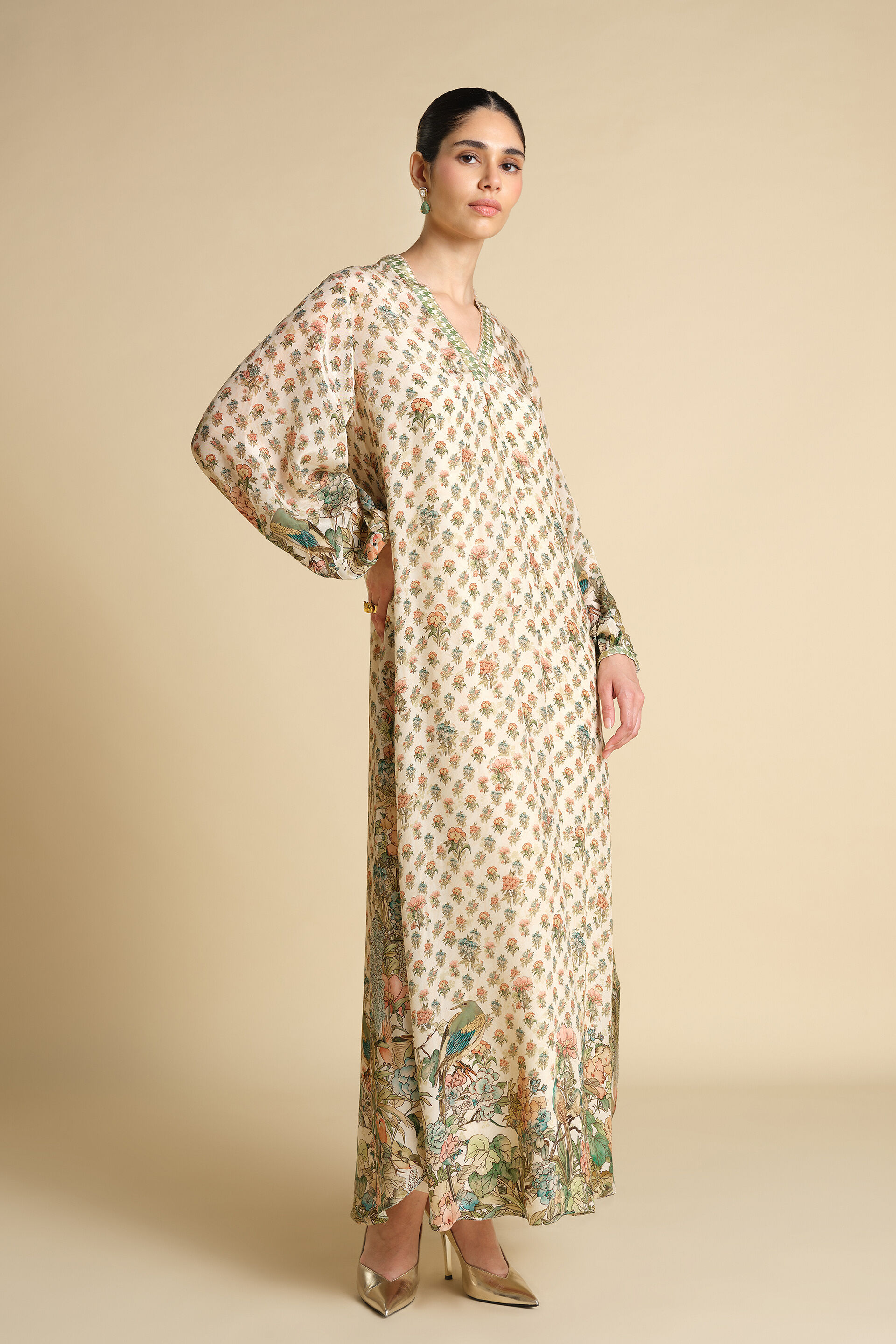 Fareeha Printed Kaftan - Ivory, Ivory, image 3